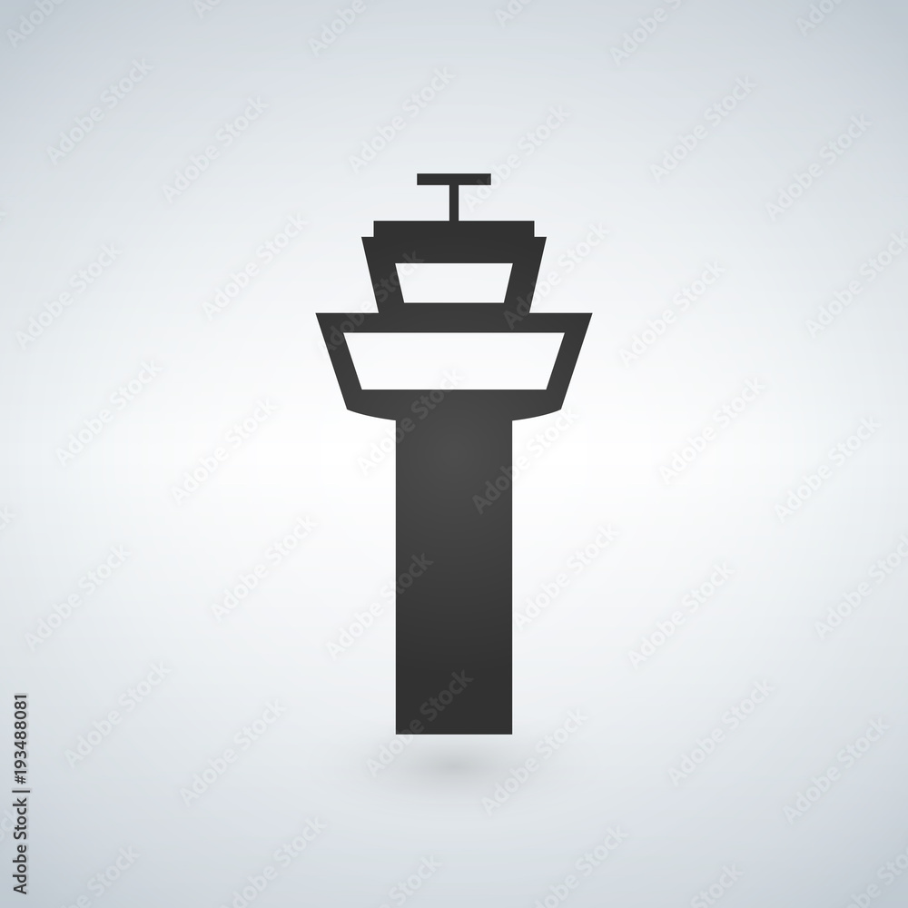 Flight control tower icon for web, mobile and infographics. Vector dark grey icon isolated on light grey background. Flight control tower icon for web, mobile and infographics. Vector dark grey icon isolated on light grey background.