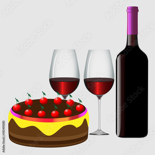 Flat vector image of a wine glass and slice of chocolate cake