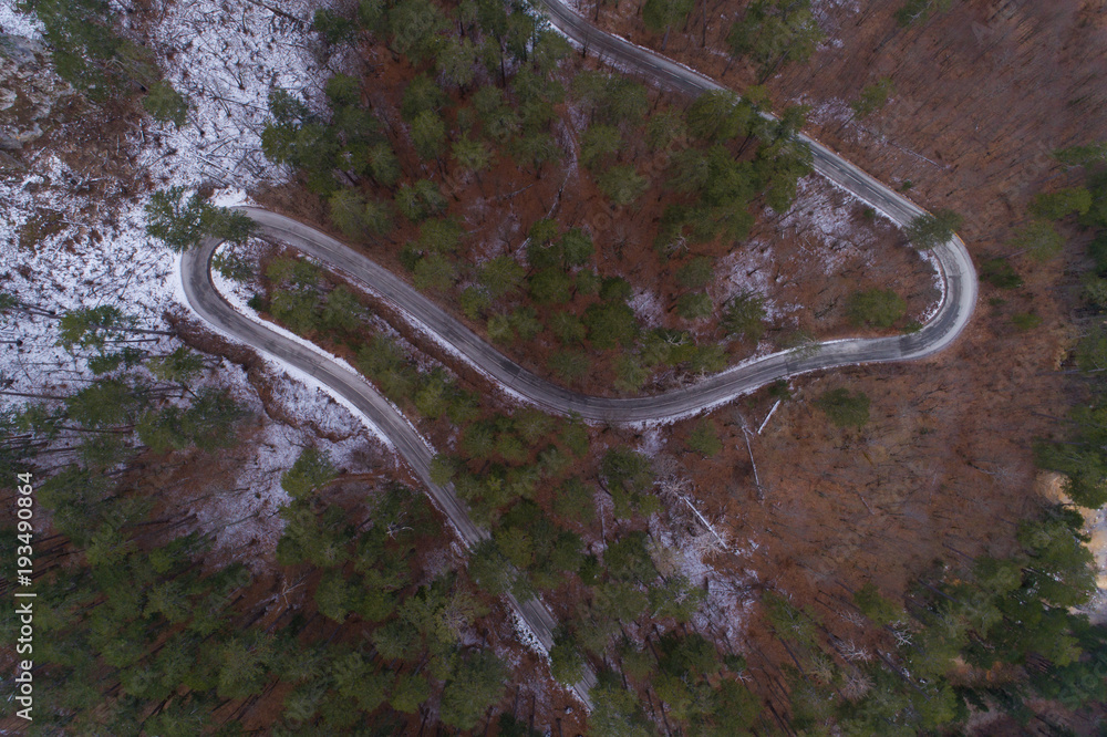 winter mountain road view from above