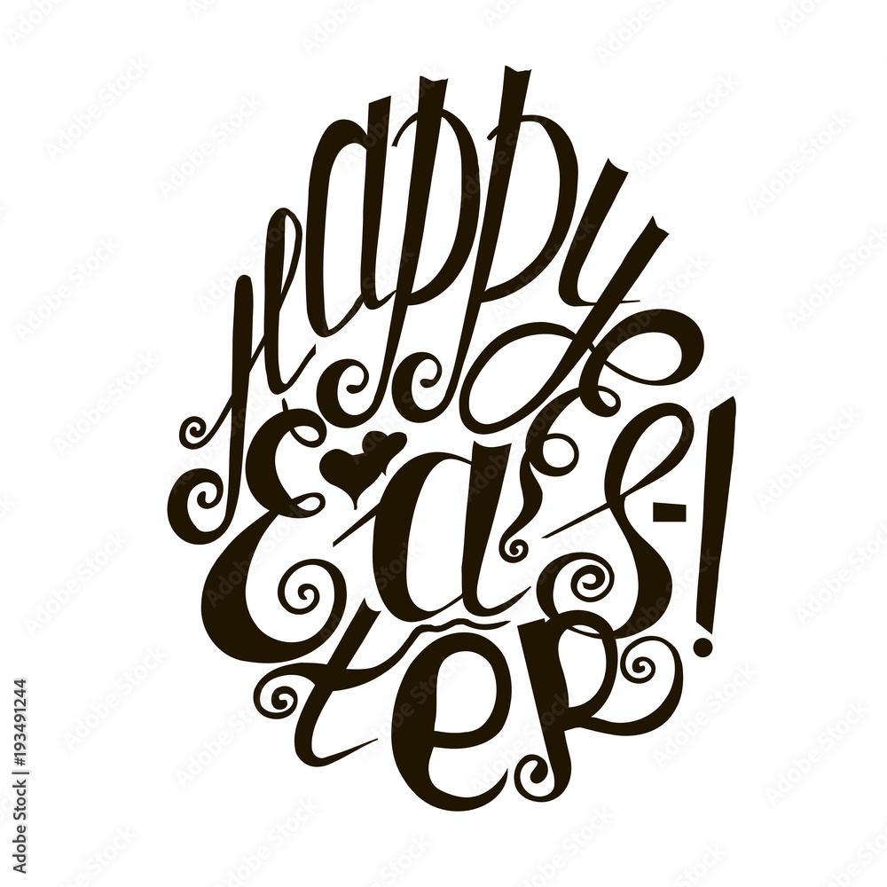 Obraz premium Lettering Happy Easter, hand drawn monochrome sketch stock vector illustration design element for coloring page, for web, for print