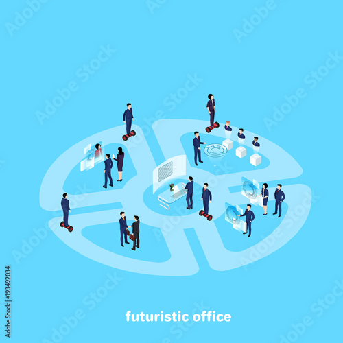 people in business suits work in the futuristic office of the future, an isometric image