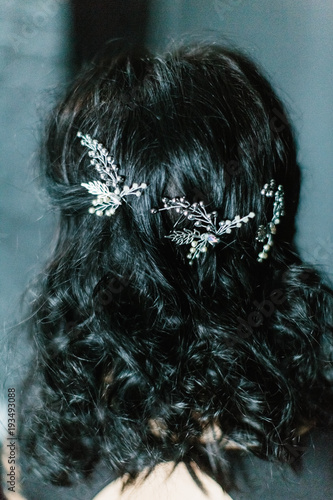 Young beautiful bride with a beautiful diadem in the hair poses standing on dark background.