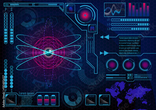 Futuristic radar atom user interface. HUD. Infographics futuristic blue background. GUI hologram set with world map.  Lungs, heart, batteries. Vector EPS 10.