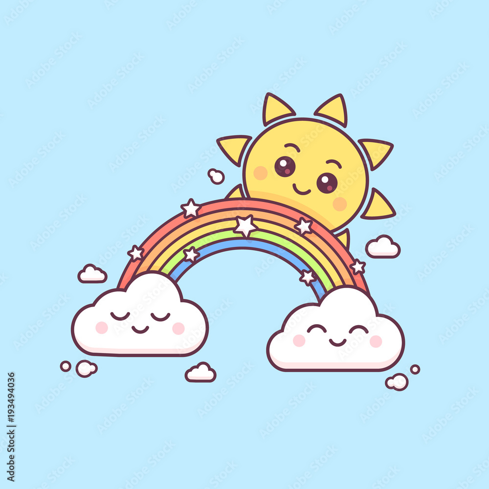 Magic rainbow with cute sun and clouds vector kawaii style illustration  vector de Stock | Adobe Stock