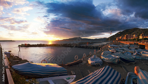 Chiavari - promenade at sunset - Portofino view - Liguria - Italy photo