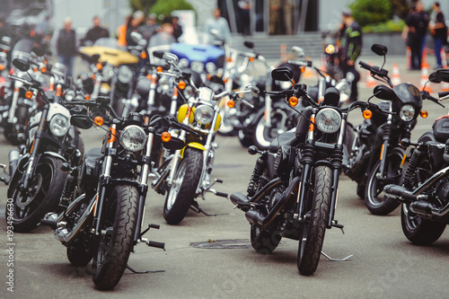 salon selling motorcycles, motorcycles stand in a row on the site