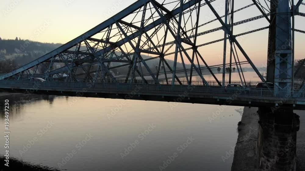 Aerial drone shot of Dresden Loschwitzer Bridge Blaues Wunder early morning with beautiful sunrise scenery Germany Aerial drone shot of Dresden Loschwitzer Bridge Blaues Wunder early morning with beautiful sunrise scenery Germany