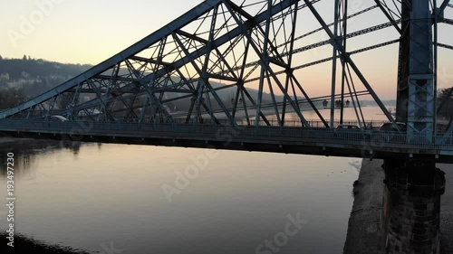 Aerial drone shot of Dresden Loschwitzer Bridge Blaues Wunder early morning with beautiful sunrise scenery Germany photo