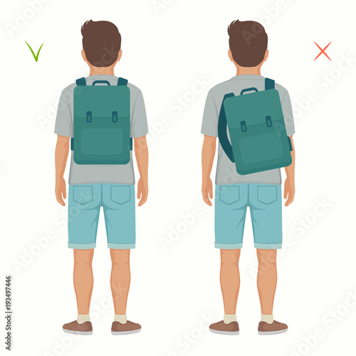 vector illustration of good and wrong spine  posture, correct and incorrect backpack position on child back