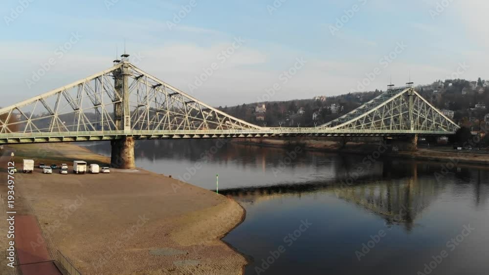 Aerial drone shot of Dresden Loschwitzer Bridge Blaues Wunder early morning with beautiful sunrise scenery Germany Aerial drone shot of Dresden Loschwitzer Bridge Blaues Wunder early morning with beautiful sunrise scenery Germany