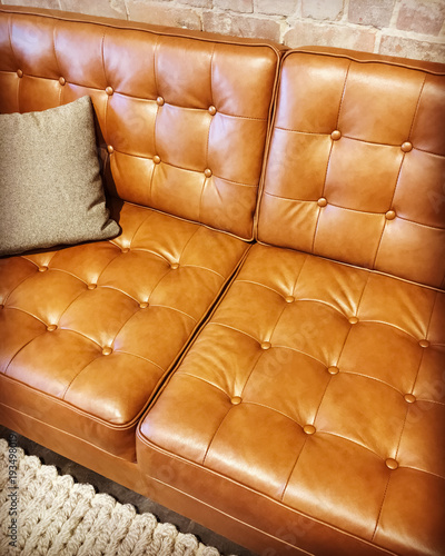 Luxurious brown leather sofa with cushion