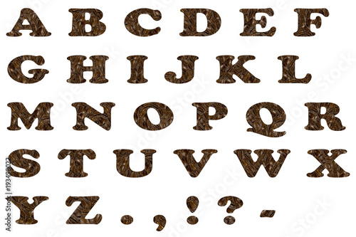 the English alphabet from coffee beans
