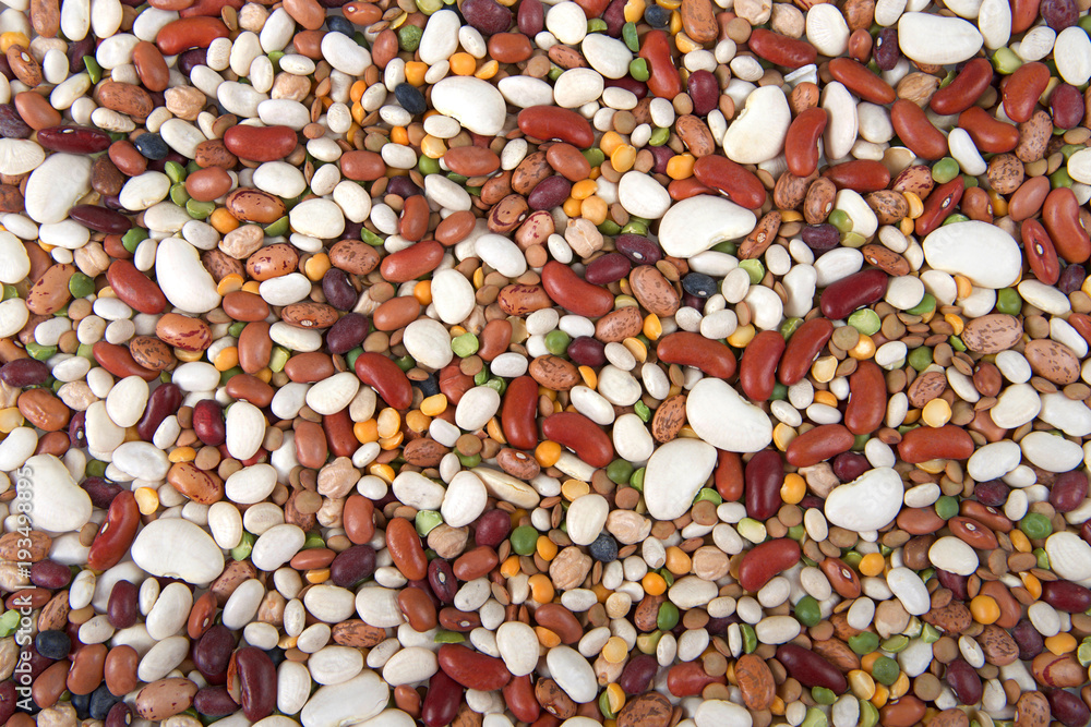Flat view from above fifteen beans varieties for bean salad or soup Flat view from above fifteen beans varieties for bean salad or soup