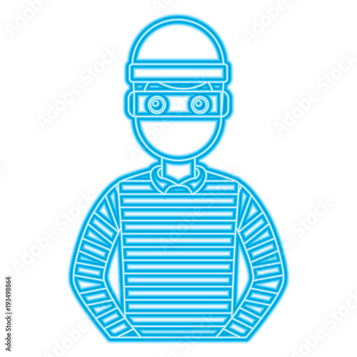male thief avatar mask cap and striped clothes vector illustration blue neon line image