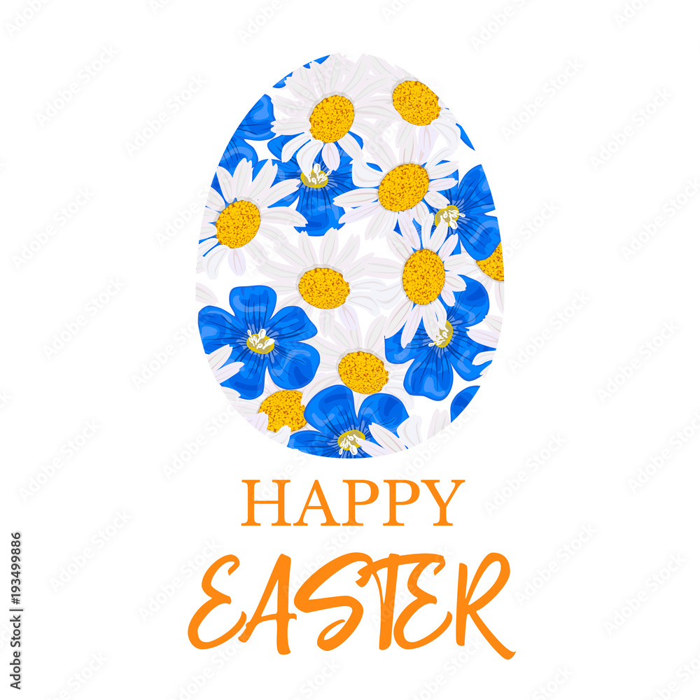 Happy Easter. Decorated blue flat egg made of Daisy and blue flowers, forget-me-not, flax,