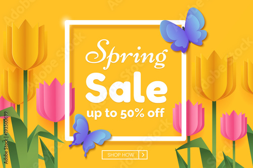 Spring sale promo banner with paper flowers and butterflies. Spring colorful background with frame and copy space. Origami yellow and pink tulips. Vector illustration.