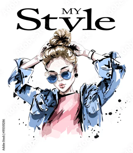 Obraz elegancka, piękna, młoda kobieta w okularach przeciwsłonecznych, szkic