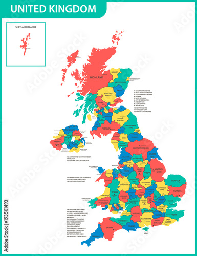Fotografia The detailed map of the United Kingdom with regions or states and cities, capitals
