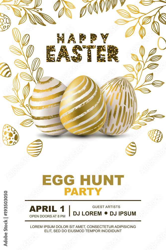 Obraz premium Easter egg hunt party vector poster design template. Golden 3d eggs and gold leves, on white background. Concept for banner, flyer, invitation, greeting card, holiday backgrounds.