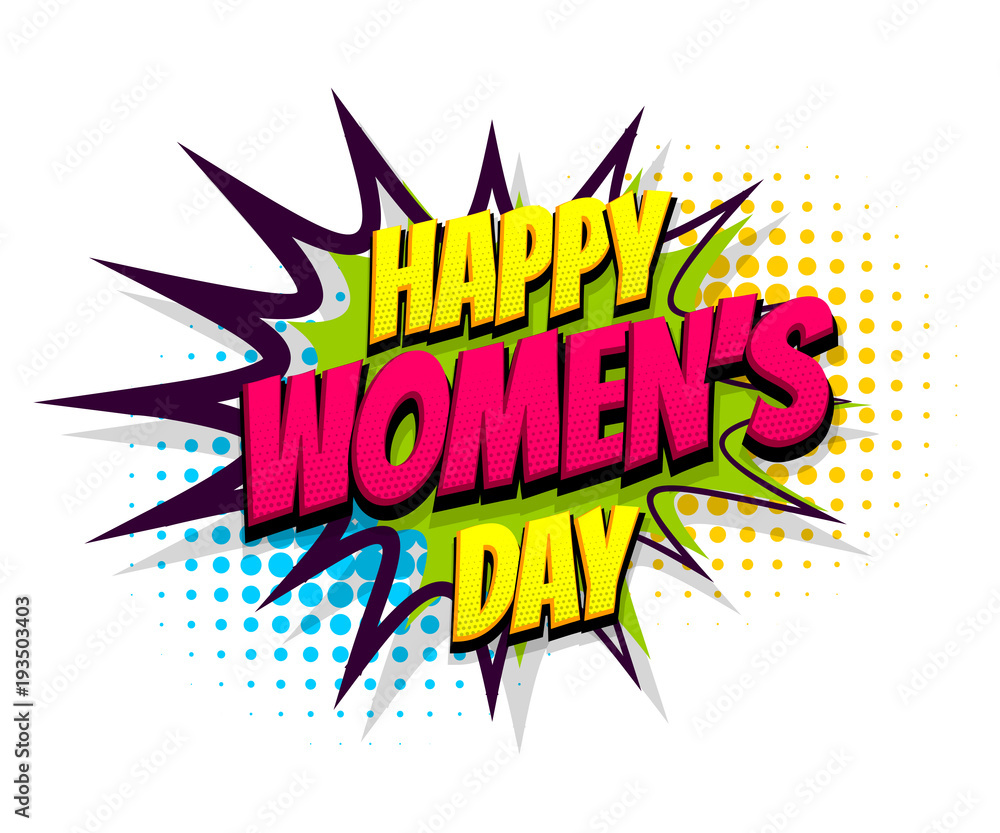 8 march happy women's day, international holiday. Comic text speech bubble halftone effect. Comics book cartoon balloon. Pop art chat wow text box cloud. Greeting sticker label woman's day. 8 march happy women's day, international holiday. Comic text speech bubble halftone effect. Comics book cartoon balloon. Pop art chat wow text box cloud. Greeting sticker label woman's day.