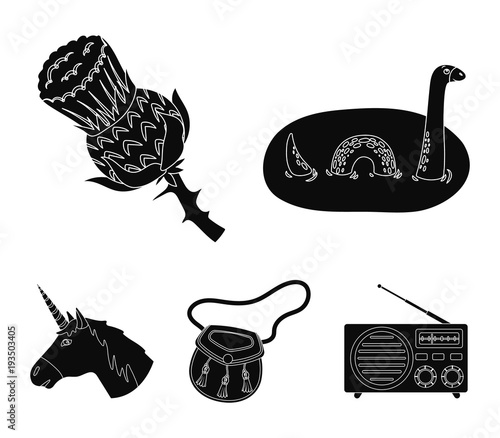 Loch Ness monster, thistle flower, unicorn, sporan. Scotland country set collection icons in black style vector symbol stock illustration web.