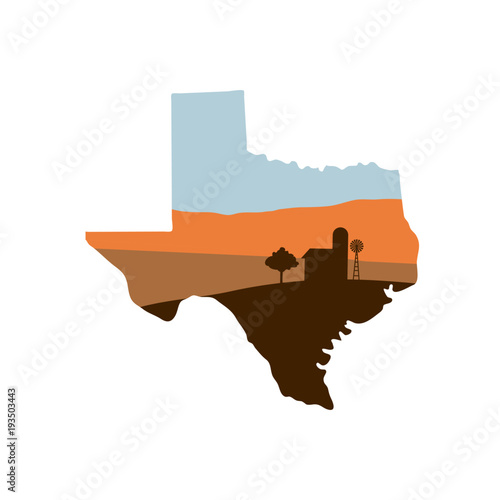 Texas State Shape with Farm at Sunset w Windmill, Barn, and a Tree