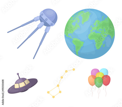 Planet Earth with continents and oceans, flying satellite, Ursa Major, UFO. Space set collection icons in cartoon style vector symbol stock illustration web.