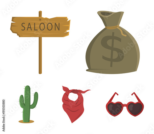 Bag of money, saloon, cowboy kerchief, cactus. Wild west set collection icons in cartoon style vector symbol stock illustration web. photo