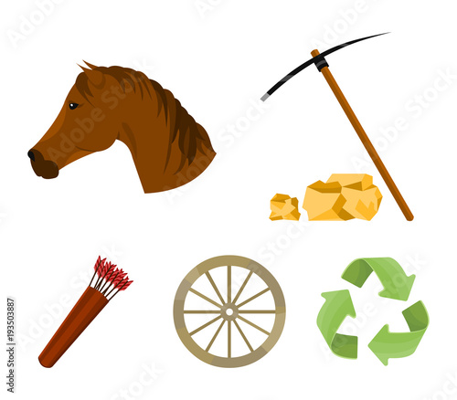 Pickax hoe, horse head, wheel cart, quiver with arrows.Wild west set collection icons in cartoon style vector symbol stock illustration web.