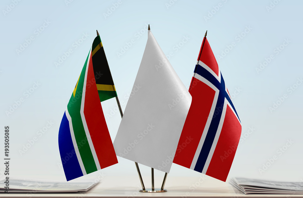 Flags of Republic of South Africa and Norway with a white flag in the middle