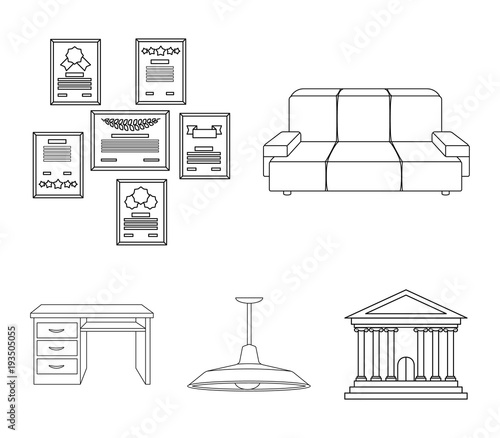 Comfortable sofa, letters and diplomas within the framework, an office ceiling lamp, a desk with drawers. Office Furniture set collection icons in outline style vector symbol stock illustration web.