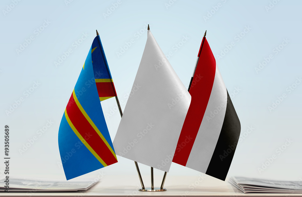 Flags of Democratic Republic of the Congo (DRC, DROC, Congo-Kinshasa) and Yemen with a white flag in the middle