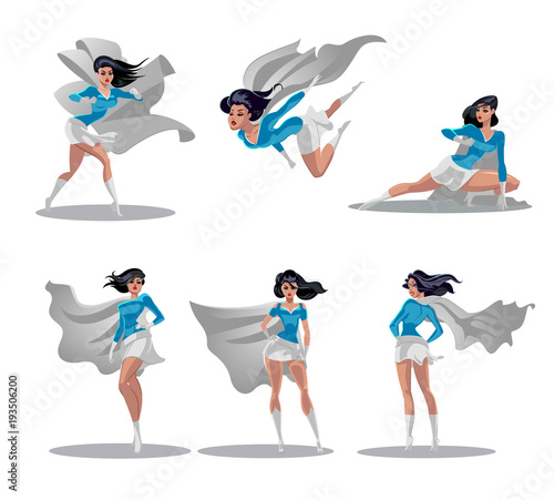 Comic superwoman actions in different poses. Female superhero vector cartoon characters. Illustration of superhero woman cartoon