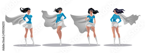 Comic superwoman actions in different poses. Female superhero vector cartoon characters. Illustration of superhero woman cartoon