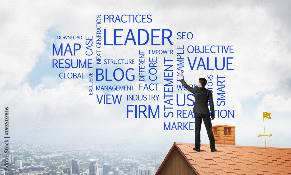 Young businessman standing on house roof and writing leadership skill concept. Mixed media Young businessman standing on house roof and writing leadership skill concept. Mixed media