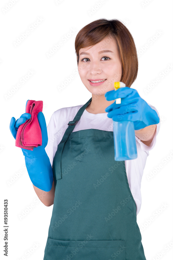 Housewife holding spray bottle and rag to clean Housewife holding spray bottle and rag to clean