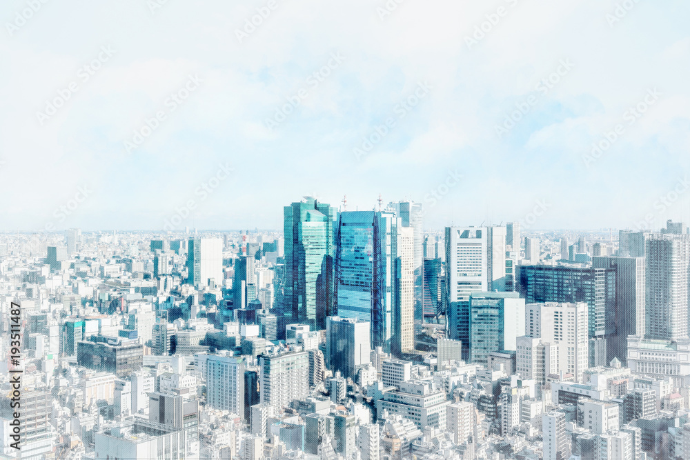 Asia Business concept for real estate and corporate construction - panoramic modern city skyline bird eye aerial view with crane in Tokyo, Japan. Mix hand drawn sketch illustration