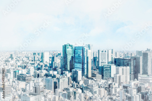 Asia Business concept for real estate and corporate construction - panoramic modern city skyline bird eye aerial view with crane in Tokyo, Japan. Mix hand drawn sketch illustration © voyata