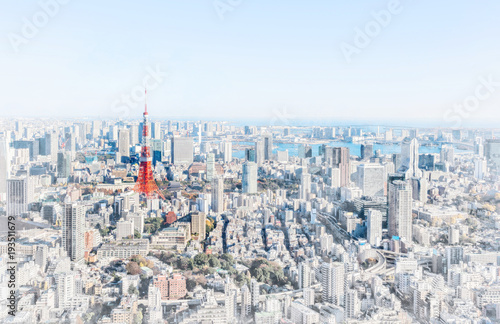 Asia Business concept for real estate and corporate construction - panoramic modern city skyline bird eye aerial view of odaiba in Roppongi Hill, Tokyo, Japan. Mix hand drawn sketch illustration