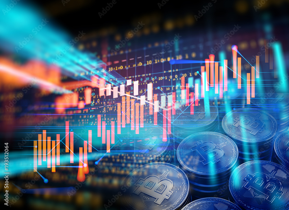 © monsitj - 3d rendering of Bitcoin on financial graph background