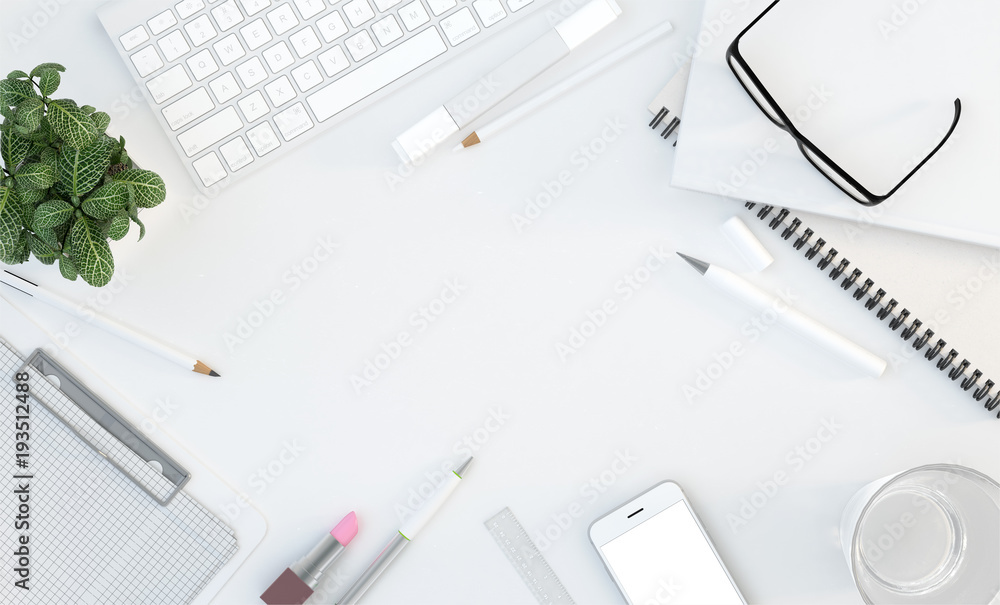 Office work space with computer keyboard, stationery set, cup of coffee and smartphone on desk. Top view. Flat lay. 3D illustration Office work space with computer keyboard, stationery set, cup of coffee and smartphone on desk. Top view. Flat lay. 3D illustration