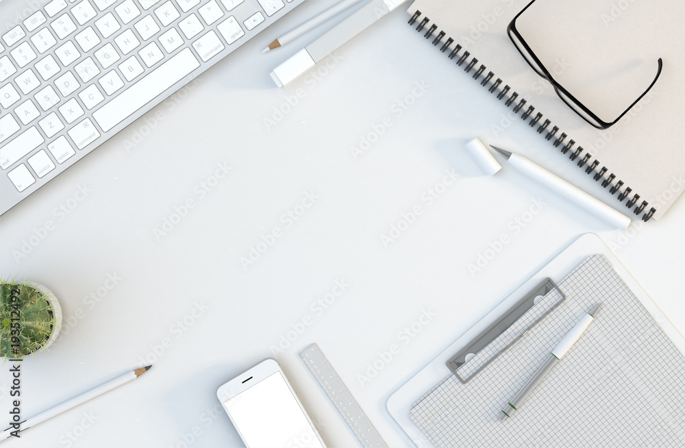 Office work space with computer keyboard, stationery set and smartphone on desk. Top view. Flat lay. 3D illustration Office work space with computer keyboard, stationery set and smartphone on desk. Top view. Flat lay. 3D illustration