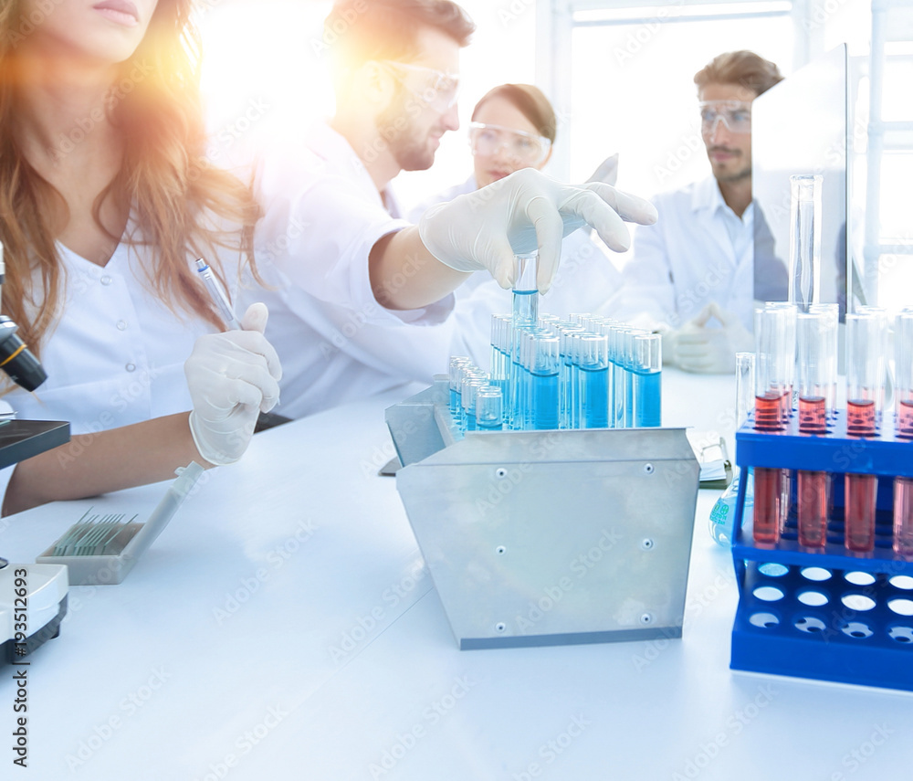 Scientists examining in the lab with test tubes. Scientists examining in the lab with test tubes.