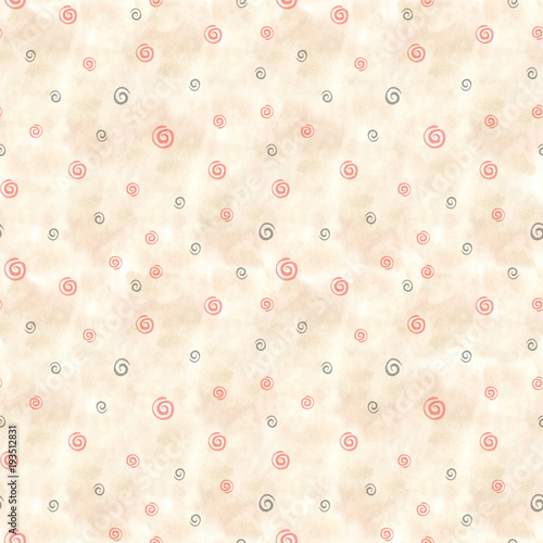 Swirling spiral seamless pattern of white circles. Mezen painting. Ethnic