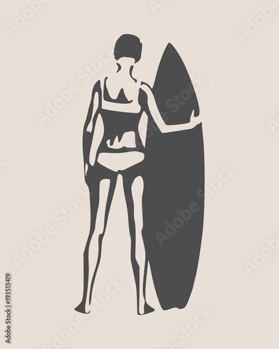 Woman posing with surfboard. Monochrome silhouette. Vintage surfing graphic and emblem for web design or print. Back view