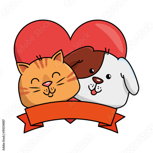 cute dog and cat with ribbon vector illustration design