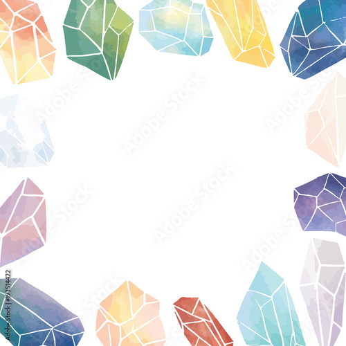 Hand draw vector illustration of watercolor crystal with blank space for text on white background.Empty space inside crystal border frame.