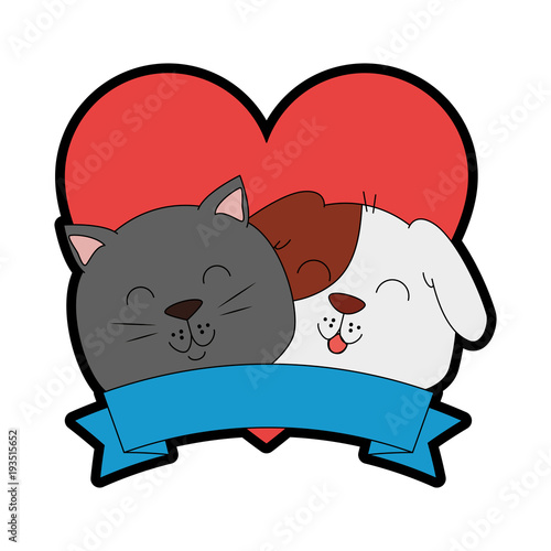 cute dog and cat with ribbon vector illustration design