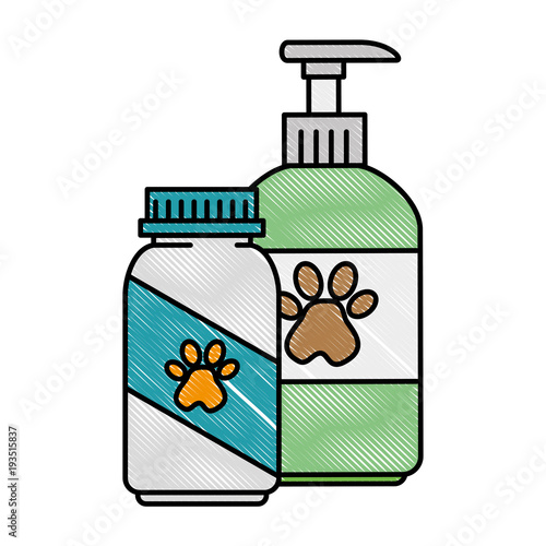 mascot shampoo and vitamins bottles icon vector illustration design
