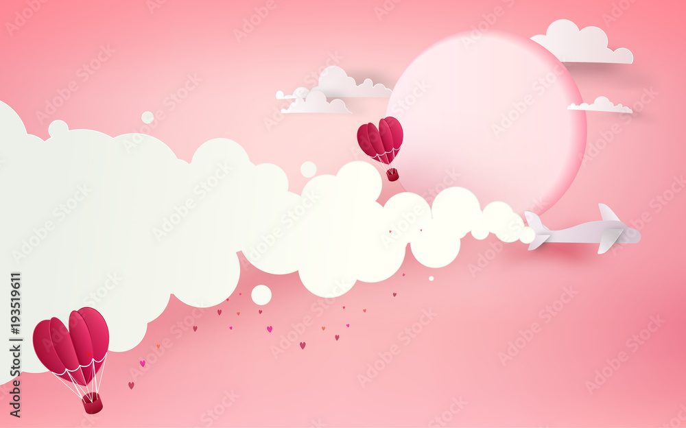 Love and Valentine’s day background. Plane flying and floating red heart ballons on the sky. Paper art style. Vector illustration